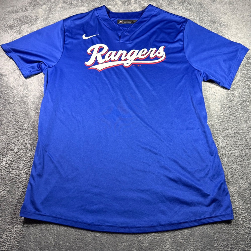 Nike Texas Rangers MLB Mens Blue Faux Henley Jersey Shirt Large Short Sleeve